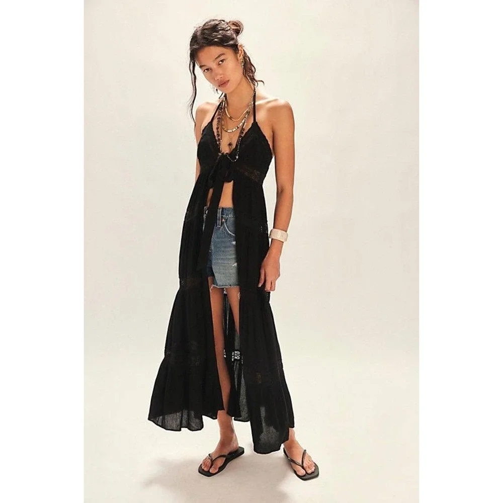 Free People Lorelai Maxi Top Black Open Front Halter Cover Up XS NWT
